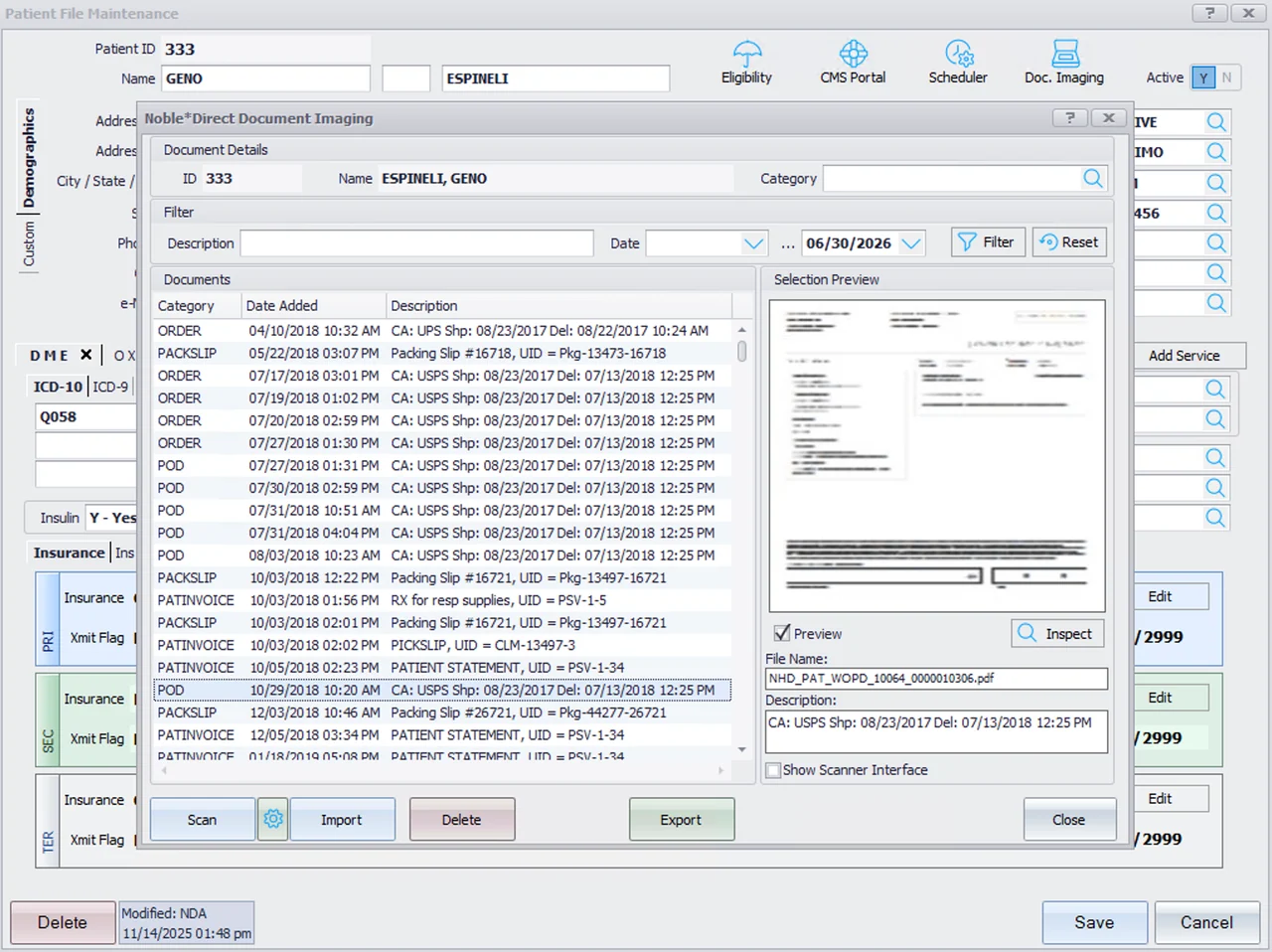 The v11 document imaging window inside a patient record: documents categorised as orders, packing slips, proofs of delivery and invoices, with a preview pane and a scan control.