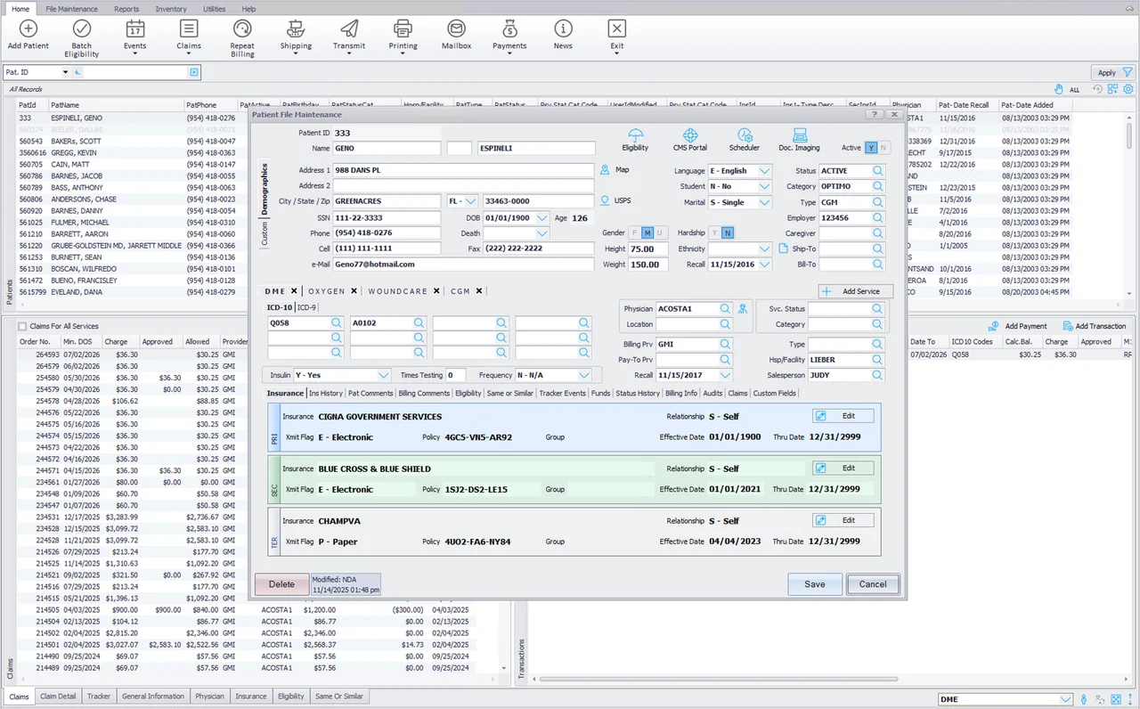 The v11 patient record showing demographics, service categories, ICD-10 codes and the insurance panel with primary, secondary and tertiary payors.