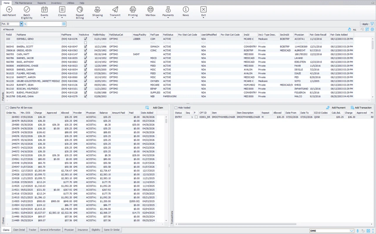 The Noble*Direct v11 workbench: patient records, claims and transactions on one screen.