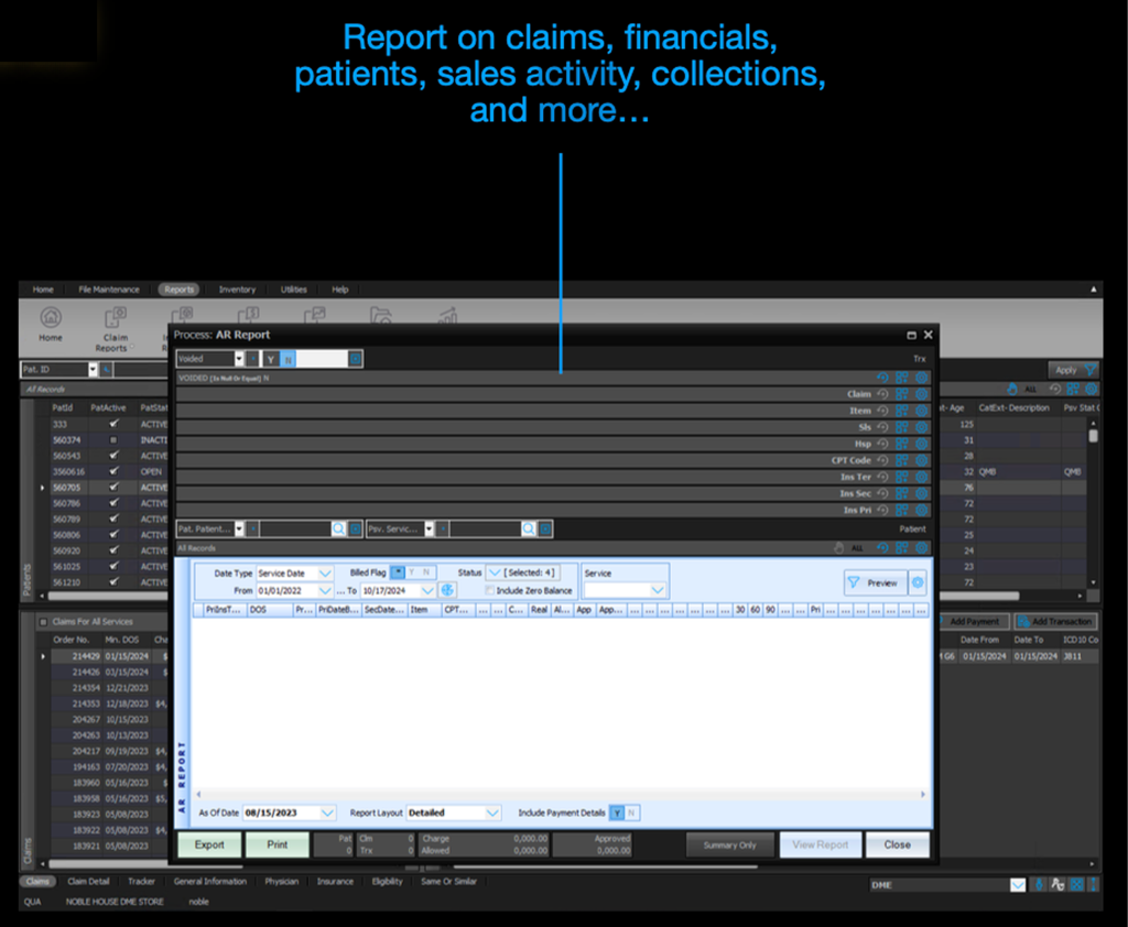 DME / HME Billing Software Reporting screen for DME / HME providers